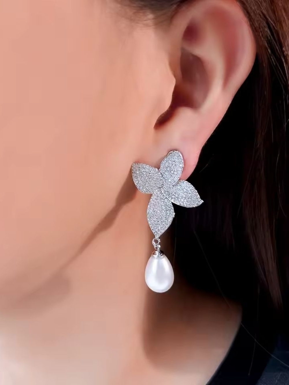 Silver Pavé Flower Clip-On Earrings with White Pearl Drops - Picture 8 of 8